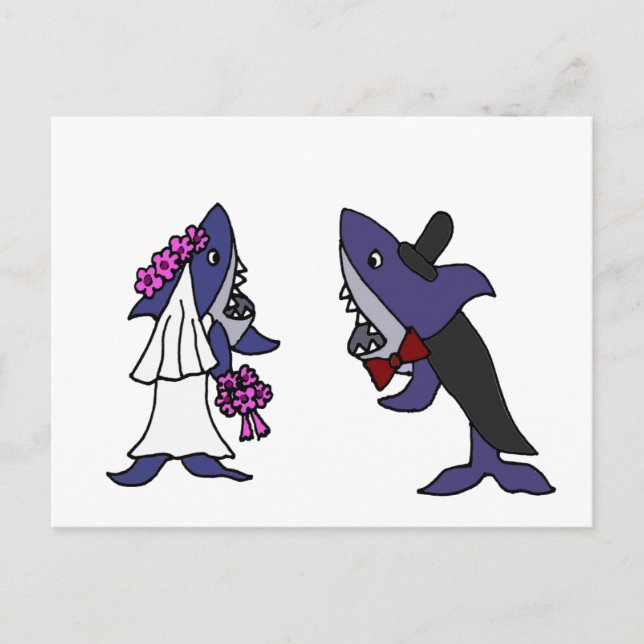 Funny Shark Bride and Groom Wedding Cartoon Postcard (Front)