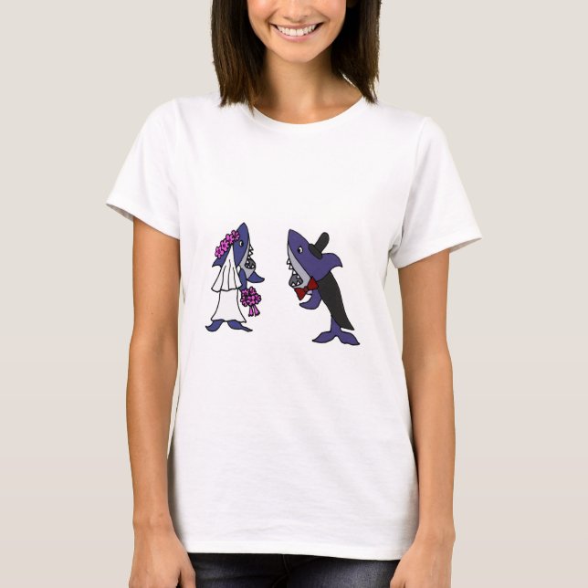 Funny Shark Bride and Groom Wedding Cartoon T-Shirt (Front)