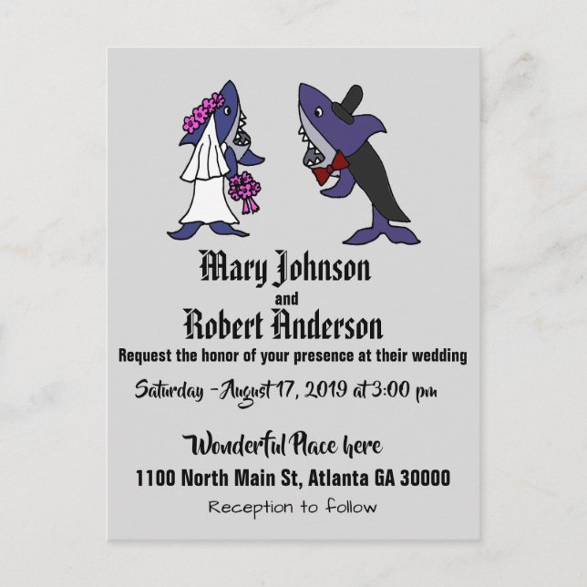 Funny Shark Bride and Groom Wedding Invitation Postcard (Front)