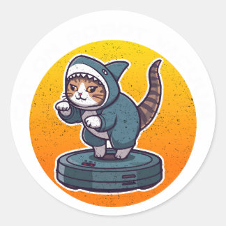 Funny Shark Cat On Robot Vacuum Retro Meme Art Classic Round Sticker