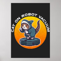 Funny Shark Cat On Robot Vacuum Retro Meme Art