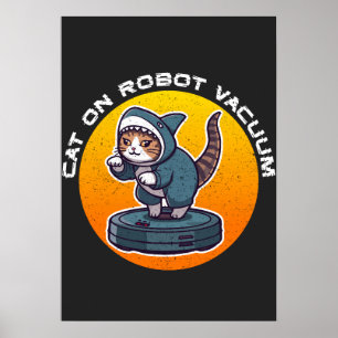 Funny Shark Cat On Robot Vacuum Retro Meme Art Poster