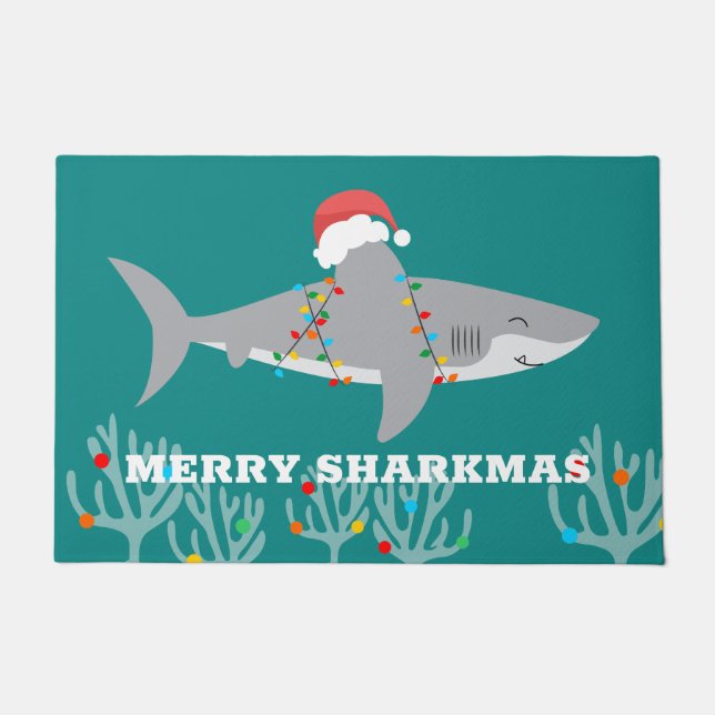 Funny Shark Christmas Door Mat (Front)