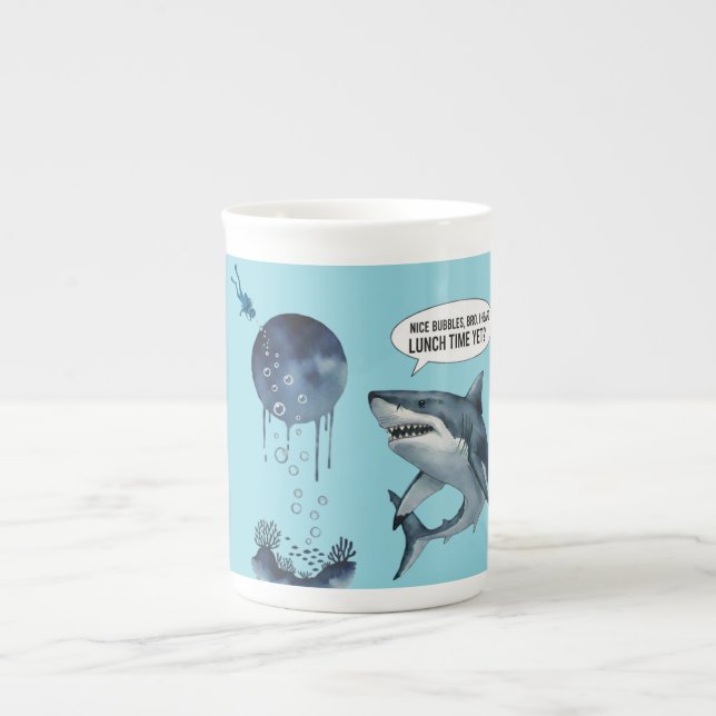 Funny shark diver lunch time nice bubbles bro bone china mug (Front)