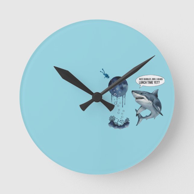 Funny shark diver lunch time nice bubbles bro round clock (Front)