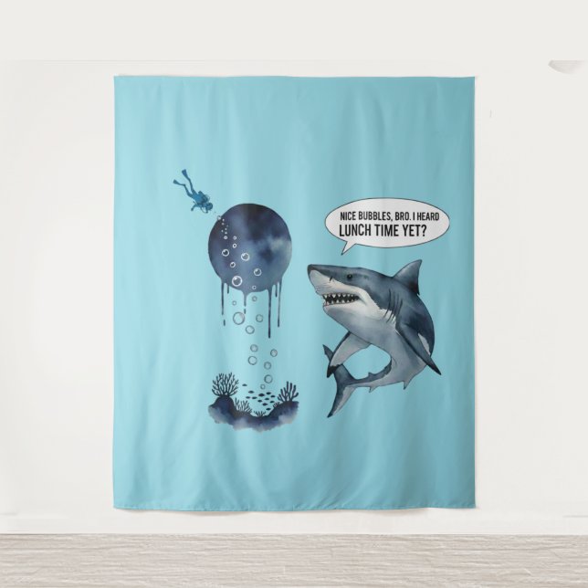 Funny shark diver lunch time nice bubbles bro tapestry (Front)