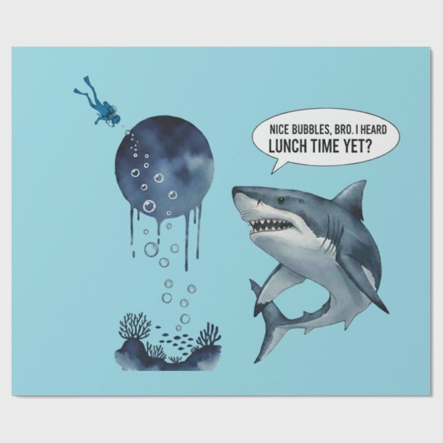 Funny shark diver lunch time nice bubbles bro wrapping paper (Flat)