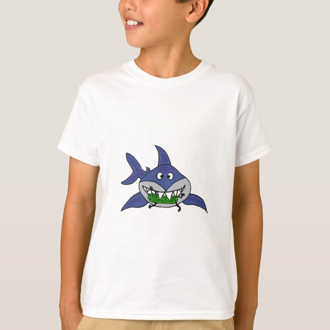 Funny Shark Eating Pickle Man Cartoon T-Shirt (Front)