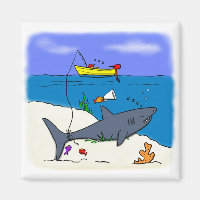 Funny shark fishing cartoon refrigerator magnet