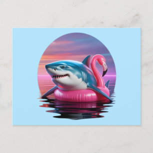 Funny Shark in Flamingo Pool Float Vaporwave Holiday Postcard