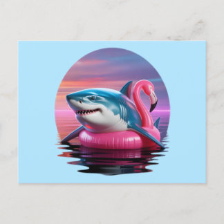 Funny Shark in Flamingo Pool Float Vaporwave Holiday Postcard