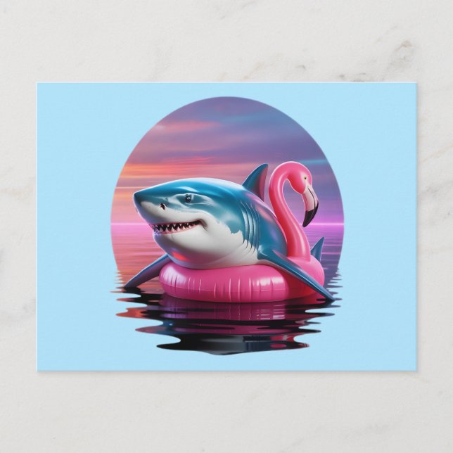 Funny Shark in Flamingo Pool Float Vaporwave Holiday Postcard (Front)