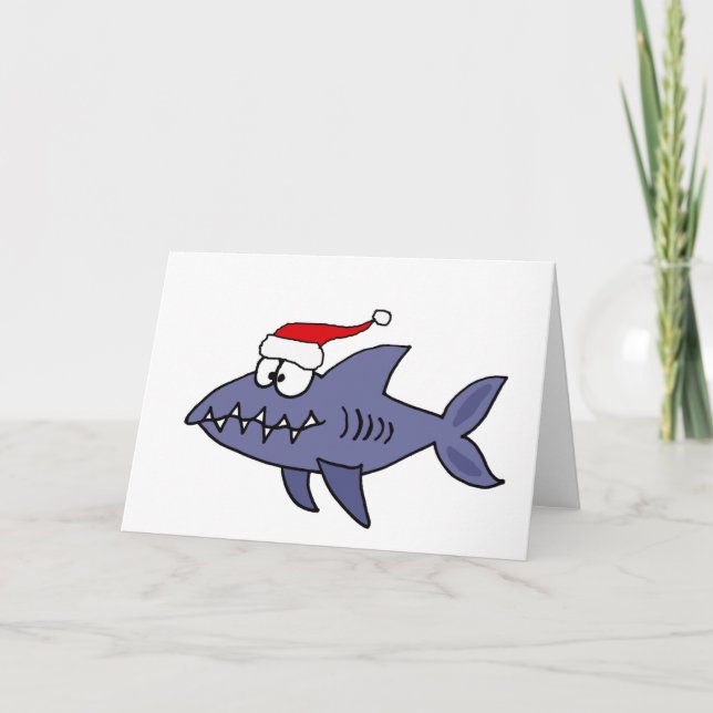 Funny Shark in Santa Hat Christmas Art Holiday Card (Front)
