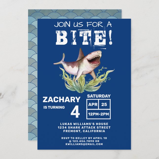 Funny Shark Join Us For a Bite Boys Birthday Party Invitation (Front/Back)