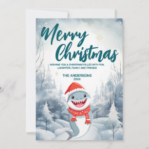 Funny Shark Merry Xmas tree snow Holiday party Card