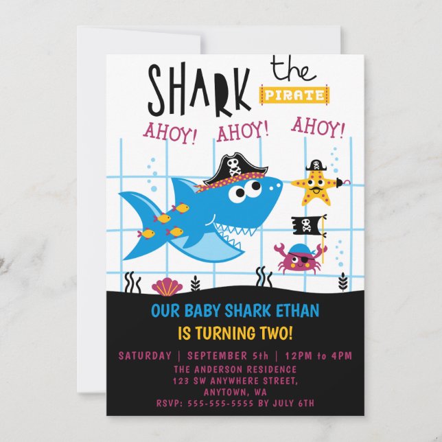 Funny Shark Pirate Birthday Party Invitation (Front)