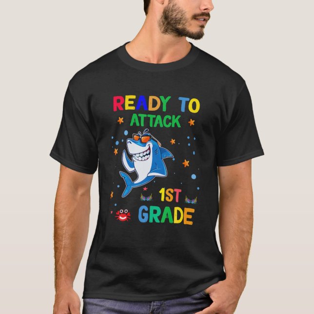 Funny Shark Student Ready To Attack 1St Grade Back T-Shirt (Front)