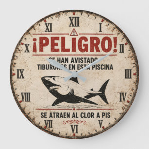 Funny Shark Warning Spanish Large Clock