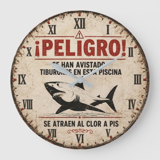 Funny Shark Warning Spanish Large Clock (Front)