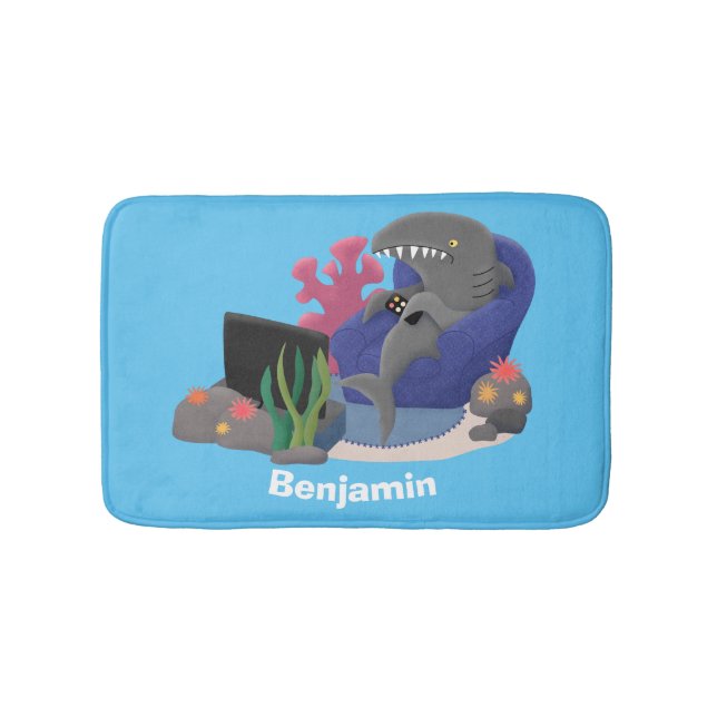 Funny shark watching TV cartoon Bath Mat (Front)