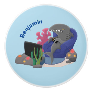 Funny shark watching TV cartoon Ceramic Knob