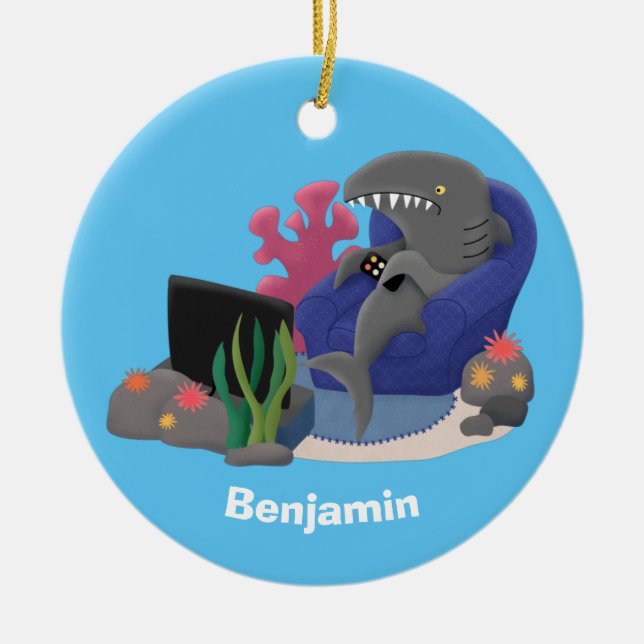 Funny shark watching TV cartoon Ceramic Tree Decoration (Front)