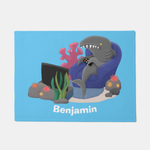 Funny shark watching TV cartoon Doormat