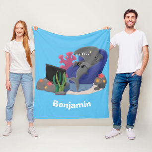 Funny shark watching TV cartoon Fleece Blanket