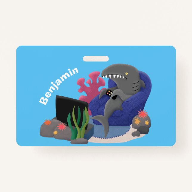 Funny shark watching TV cartoon ID Badge (Front)