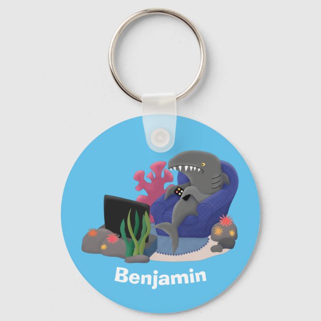 Funny shark watching TV cartoon Key Ring (Front)