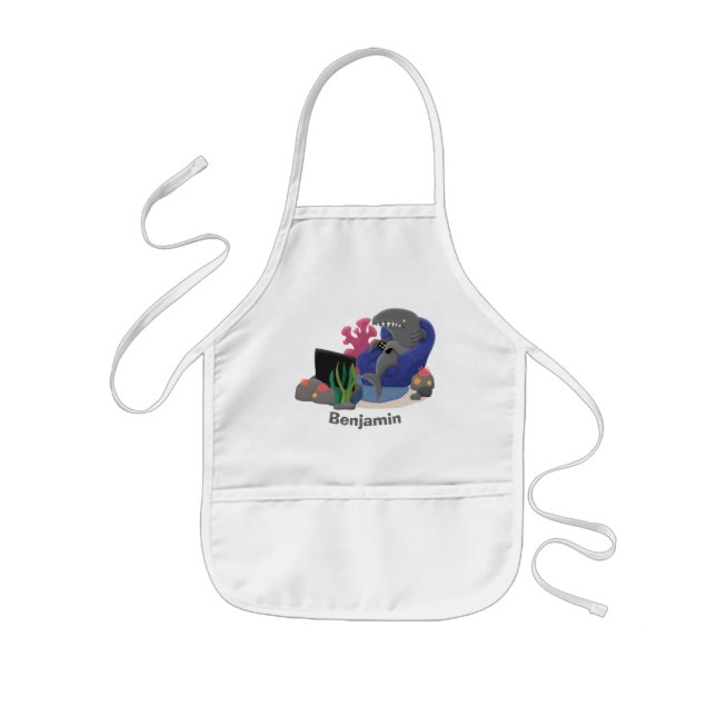 Funny shark watching TV cartoon Kids Apron (Front)