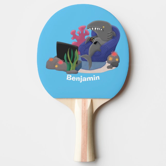 Funny shark watching TV cartoon Ping Pong Paddle (Front)