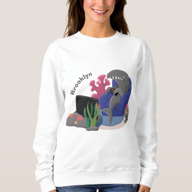 Funny shark watching TV cartoon Sweatshirt (Front)