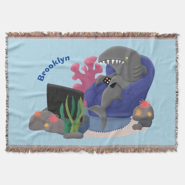 Funny shark watching TV cartoon Throw Blanket (Front)