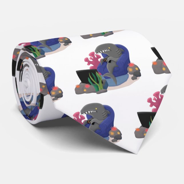 Funny shark watching TV cartoon Tie (Rolled)