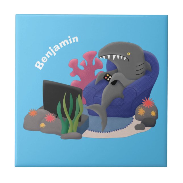 Funny shark watching TV cartoon Tile (Front)