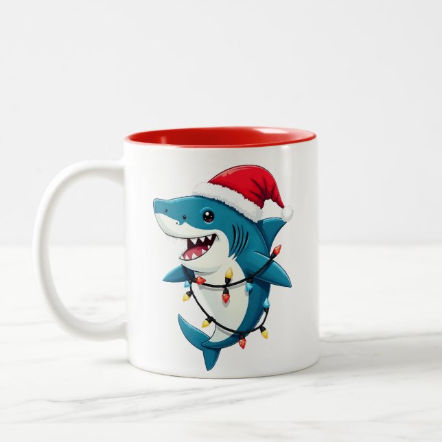 Funny Shark Wearing Santa Christmas Hat  Two-Tone Coffee Mug (Left)