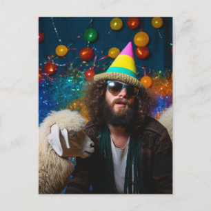 Funny Sheep and Jesus at a Colourful Birthday Part Postcard