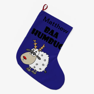 Funny Sheep Bah Humbug Christmas Pun Cartoon Large Christmas Stocking