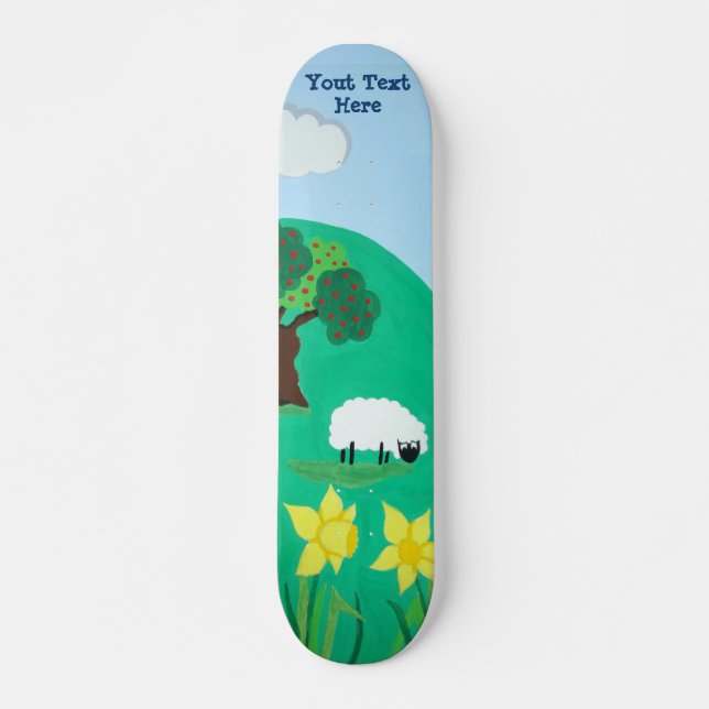 funny sheep grazing blue sky scenic illustration skateboard (Front)