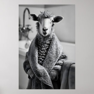 Funny Sheep in Bathrobe Art, Quirky Bathroom Print