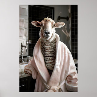 Funny Sheep in Bathrobe, Bathroom Wall Art, Cute Poster