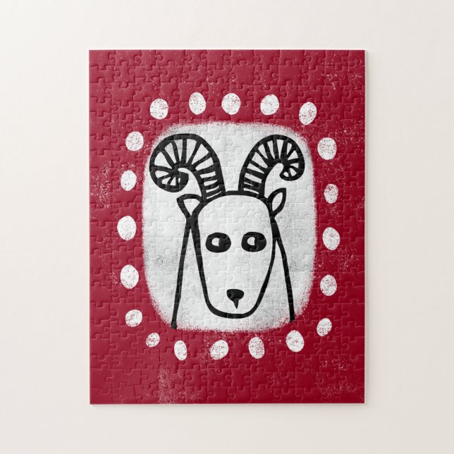 Funny Sheep Ram On Red Jigsaw Puzzle (Vertical)