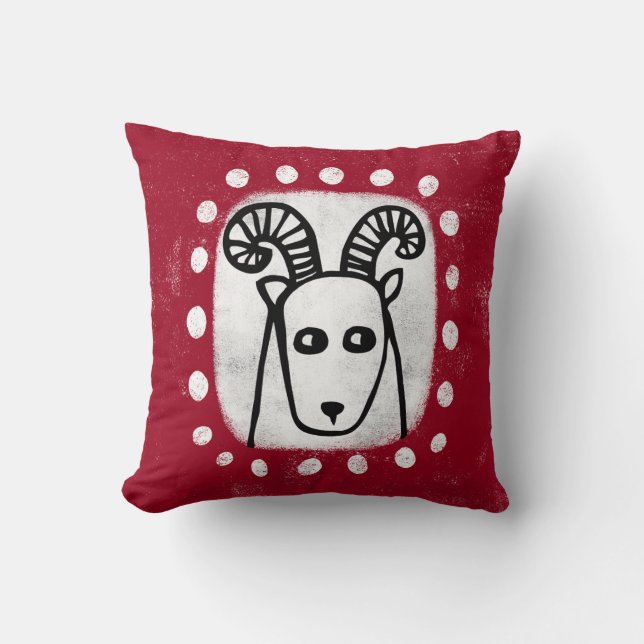 Funny Sheep Ram On Red Throw Pillow (Front)