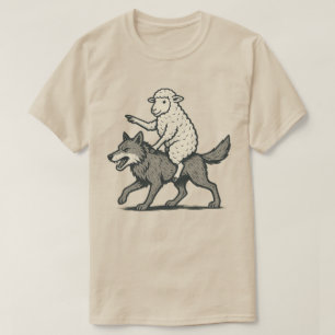 Funny Sheep Riding Wolf Unique Vintage Animal T-Shirt