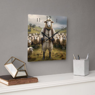 Funny Sheep Shepard With His Flock Of Sheep, Square Wall Clock