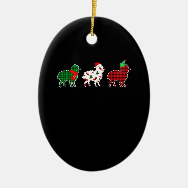 Funny Sheep Xmas Tree Lights | Red Plaid Gift Ceramic Tree Decoration (Front)