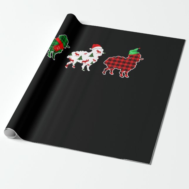 Funny Sheep Xmas Tree Lights | Red Plaid Gift Wrapping Paper (Unrolled)