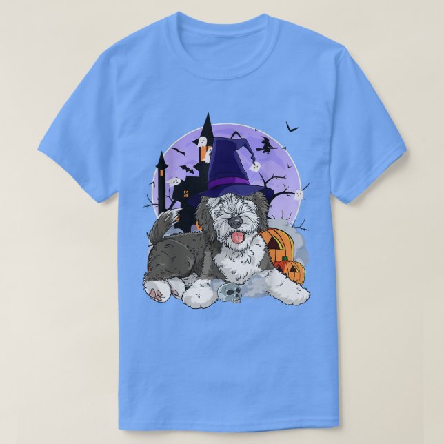 Funny Sheepadoodle Dog Halloween Witch Pumpkin  T-Shirt (Design Front)