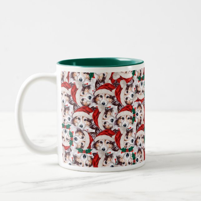 Funny Sheltie Christmas Pattern Two-Tone Coffee Mug (Left)